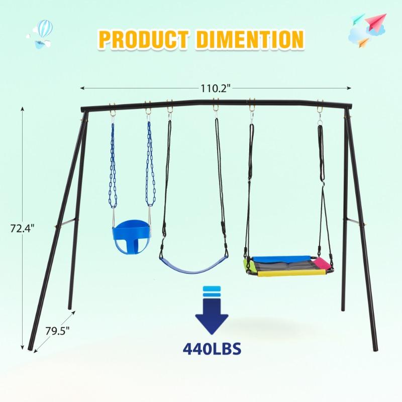 Heavy Duty Metal A-Frame Swing Set for Backyard - 440lbs Capacity 3-Seat with Saucer, Belt & Small Outdoor Playground Swing