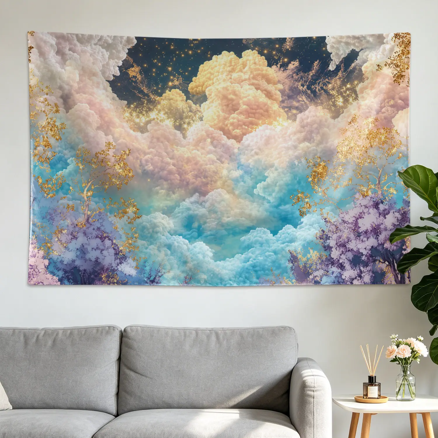 Dreamy Golden Clouds Forest Wall tapestry, Large size Printed Horizontal Tapestry blanket, Polyester Fabric Wall Hanging for bedroom, living room, No Installation Required, Indoor, Outdoor, Gift for Family and Friends