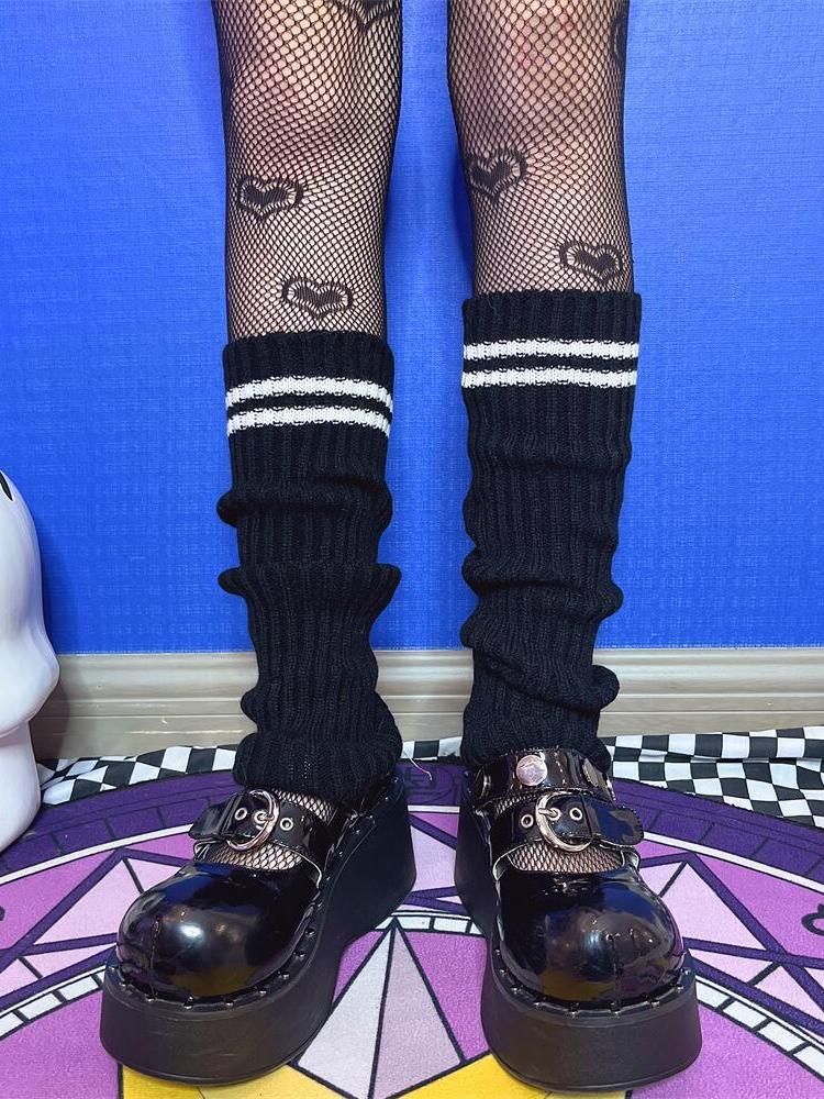 KOSAHIKI Lolita Socks Goth Striped Knit  Girl Leg Warmers Women Japanese  Harajuku Winter Boot Cuffs Legs Cover