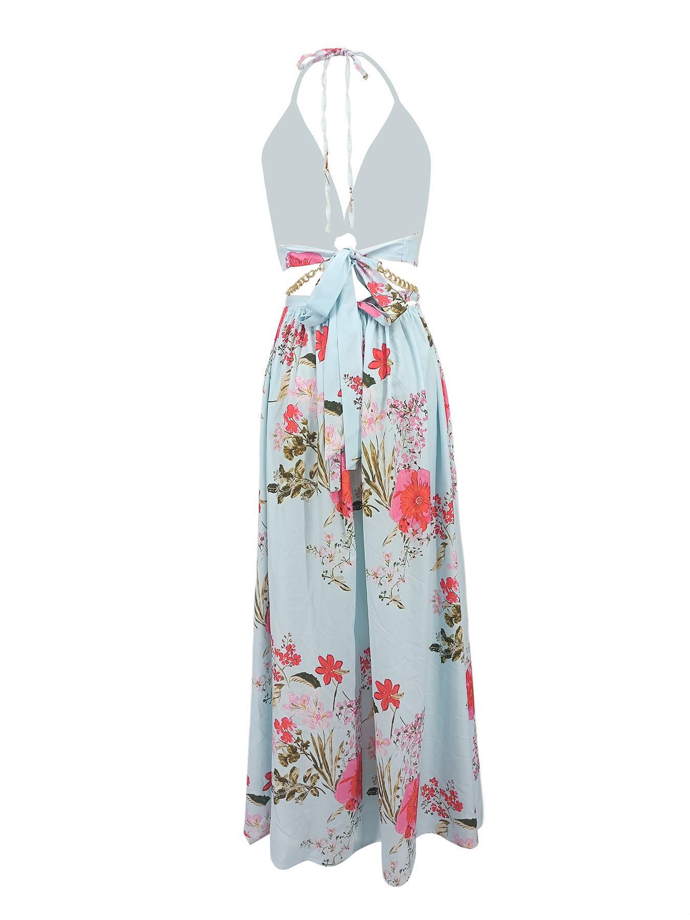 Summer Floral Print Deep V Halter Neck Tie Split Maxi Dress Casual Wear Boho
