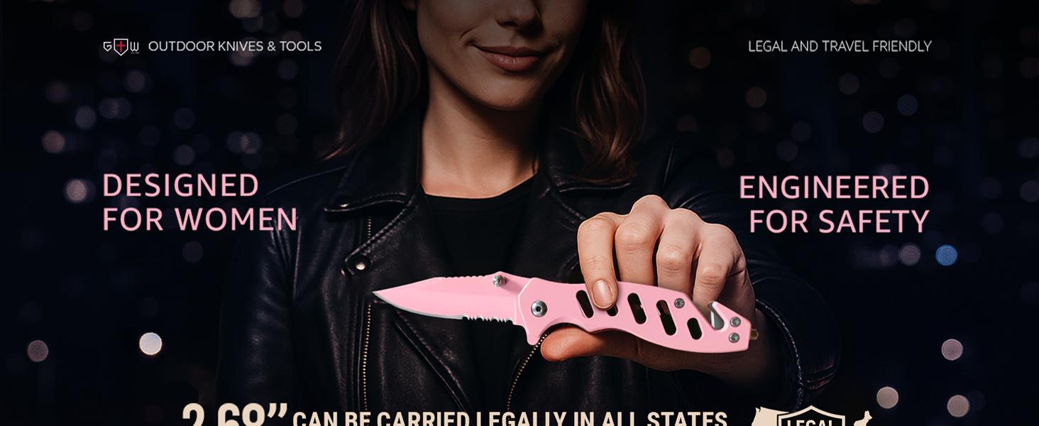 Pink Pocket Knife for Women - Legal Small Knife - 2.68 Inch Serrated Blade - Womens Knife for Self Defense - Cute Girl Survival Tool Pocket & Folding Knives - Mothers Day Gift Idea - 6655 P