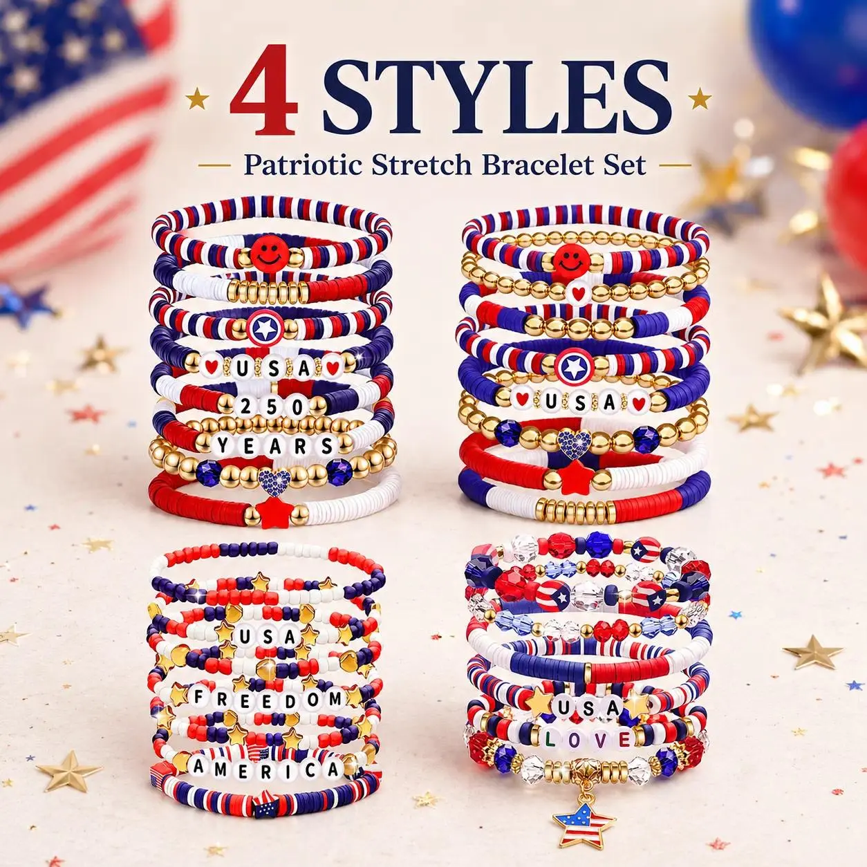 2026 Red White Blue Clay Bead Stretch Stackable Bracelets, Patriotic USA Jewelry For Women Men Teens, Classic 4th Of July Holiday Matching Accessories & Festival Gift Ornaments