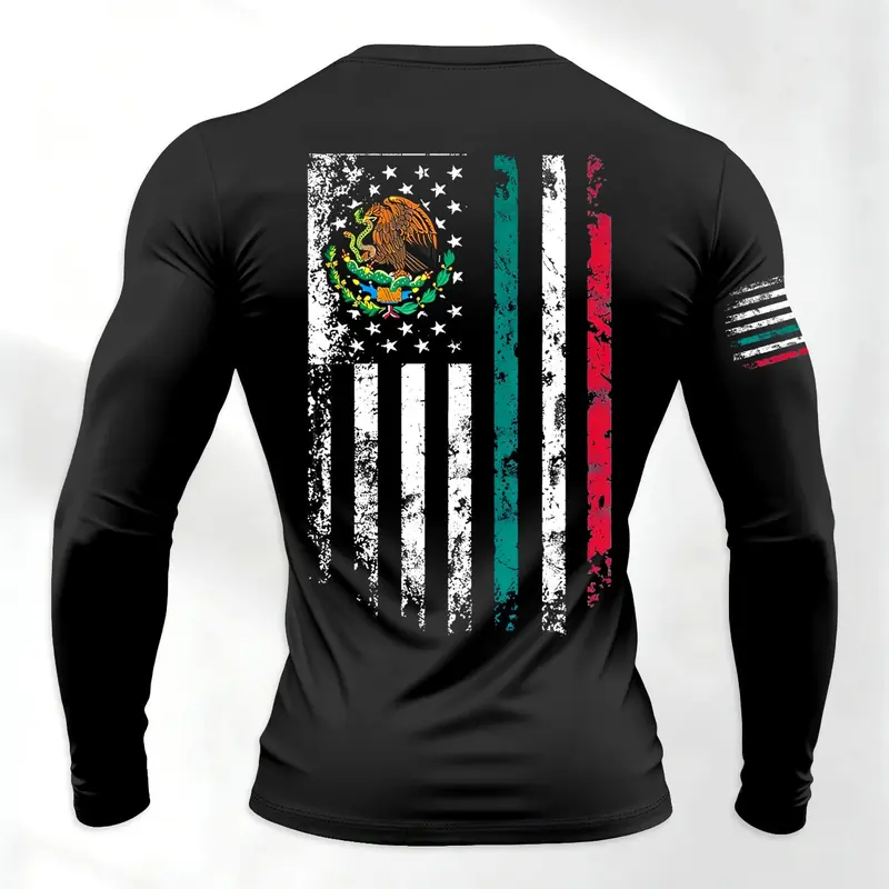 Men's Long Sleeve Workout Shirt, Sportswear for Training, Mexican Flag Patchwork Design, Comfortable Daily Wear, Sporty Style, Suitable for All Seasons