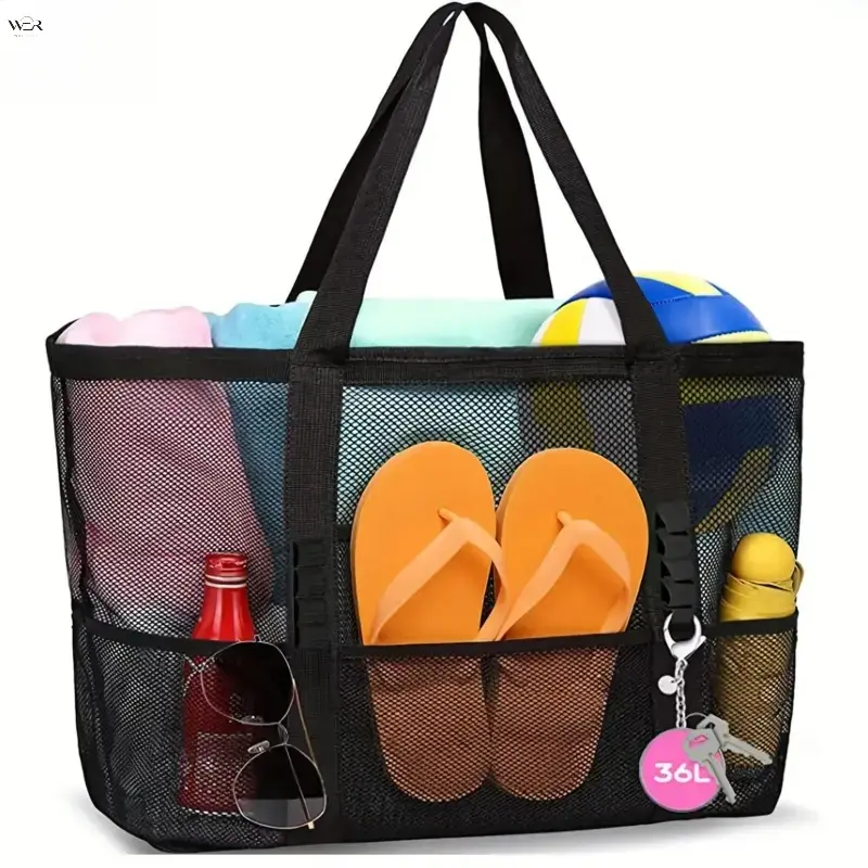 36L Large Mesh Beach Tote Bag with 9 Pockets, Lightweight Breathable Swim Pool Bag, Portable Multi-Pocket Travel Shoulder Handbag for Beach Swimming Picnic Family Outdoor Activities, Multiple Colors Optional