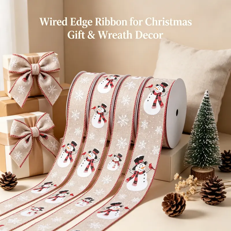 Farmhouse Christmas Wired Ribbon  2.5in 10Y Snowman Cardinal Ribbon for Xmas Tree Wreath DIY, Wreath Making, Burlap