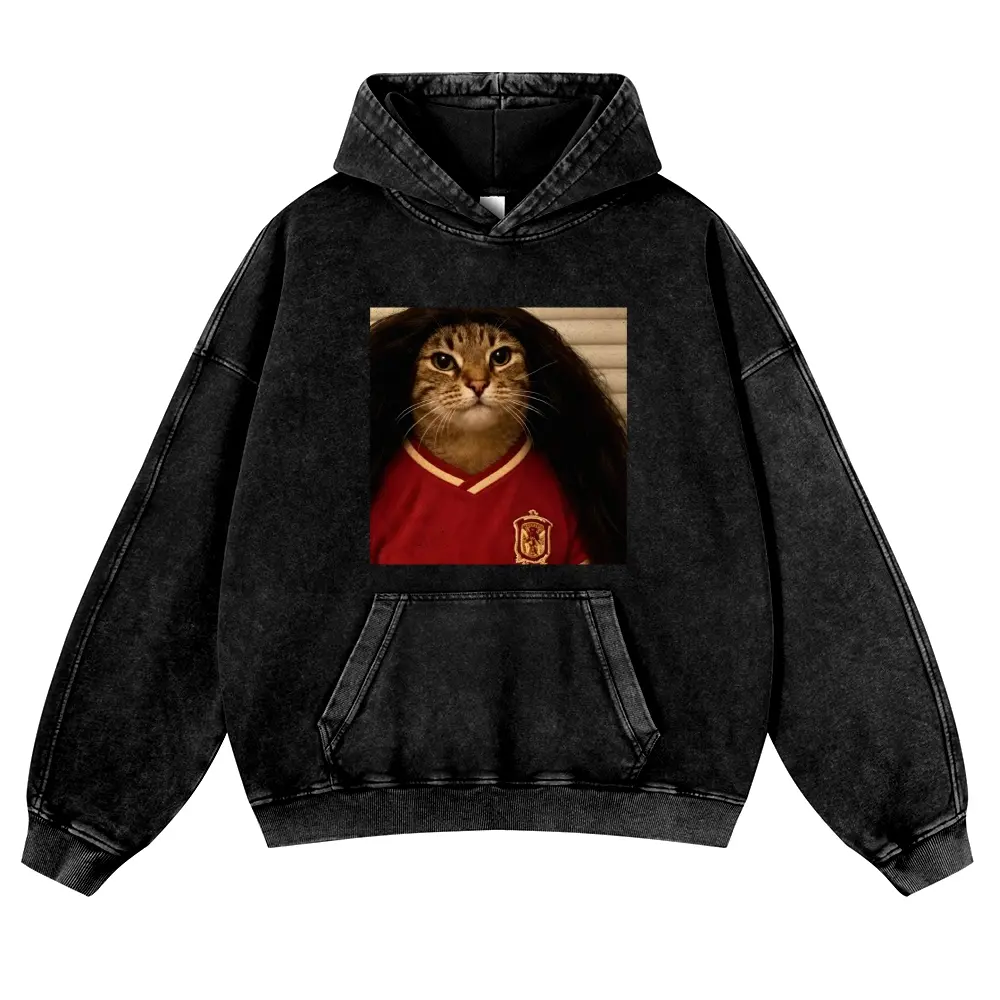 Playful Meme Streetwear Aesthetic, Football Fan Casual Style,Cat Soccer Jersey Meme Front Print 380g Autumn VIntage Washed Hoodie Graphic Sweatshirt