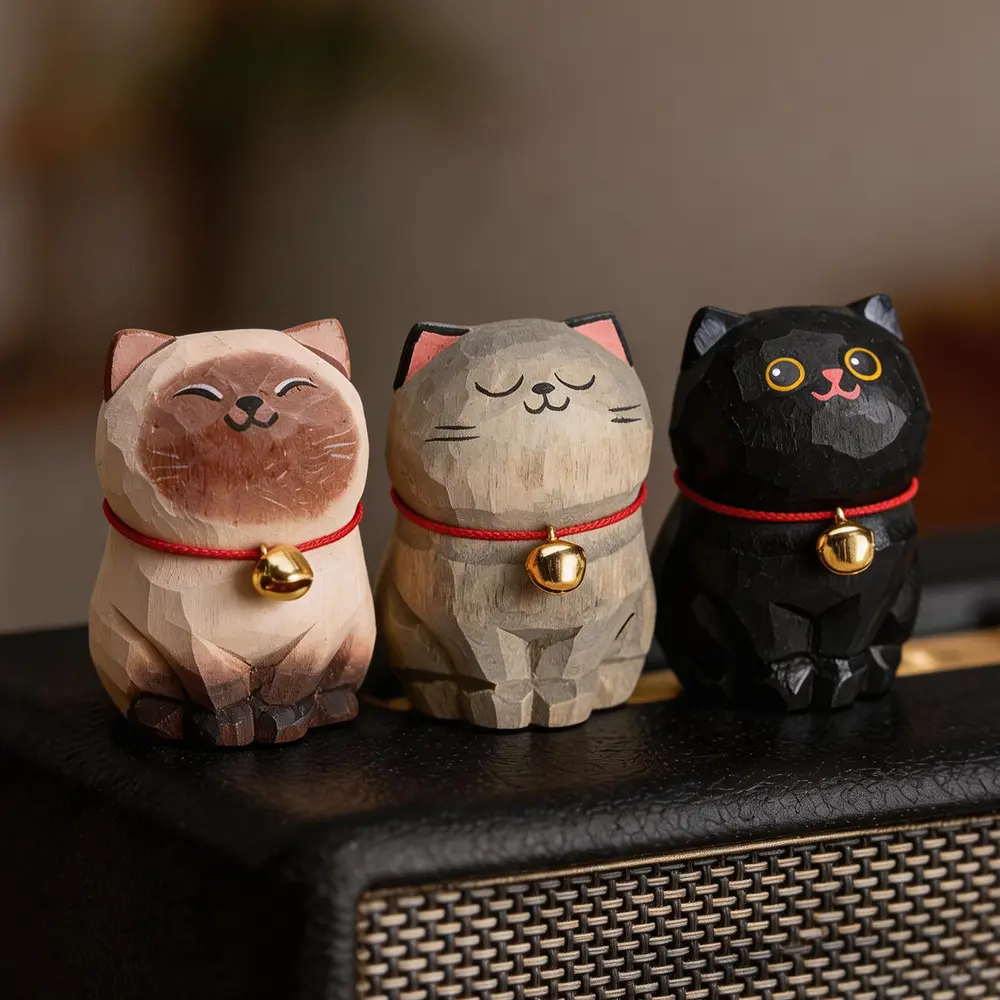 Hand Carved Wooden Cat Figurine with Bell Collar Siamese Cat British Shorthair Blue Cat Bombay Cat Options Tabletop Home Decor Gift for Birthday Christmas Holiday Present Collectible Figure Decorative Sculptures