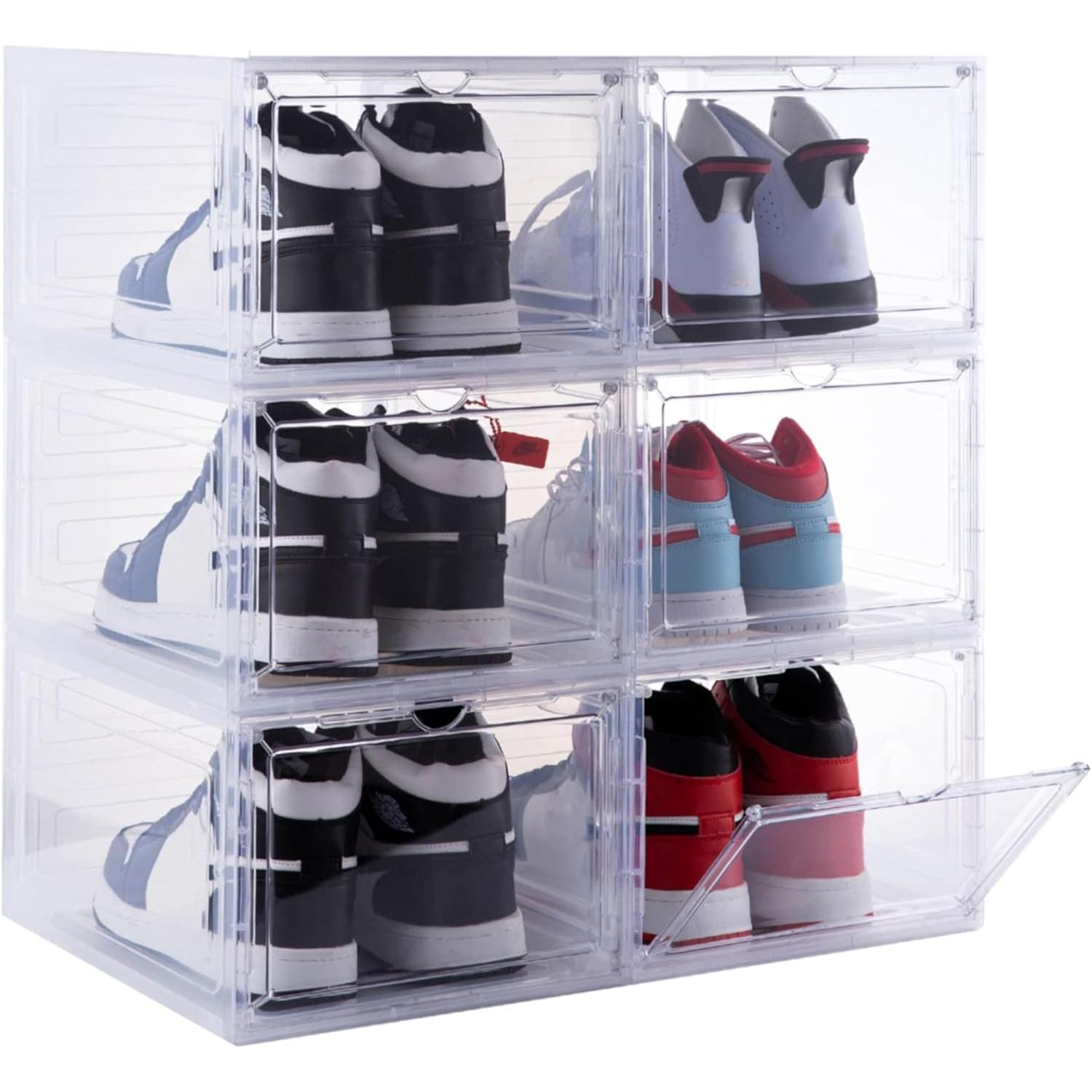 Shoe Organizer Shoe Storage Boxes, 6 Pack Large Drop Front Shoe Boxes with  Door, Clear Plastic Stackable Shoe Containers (Clear White)