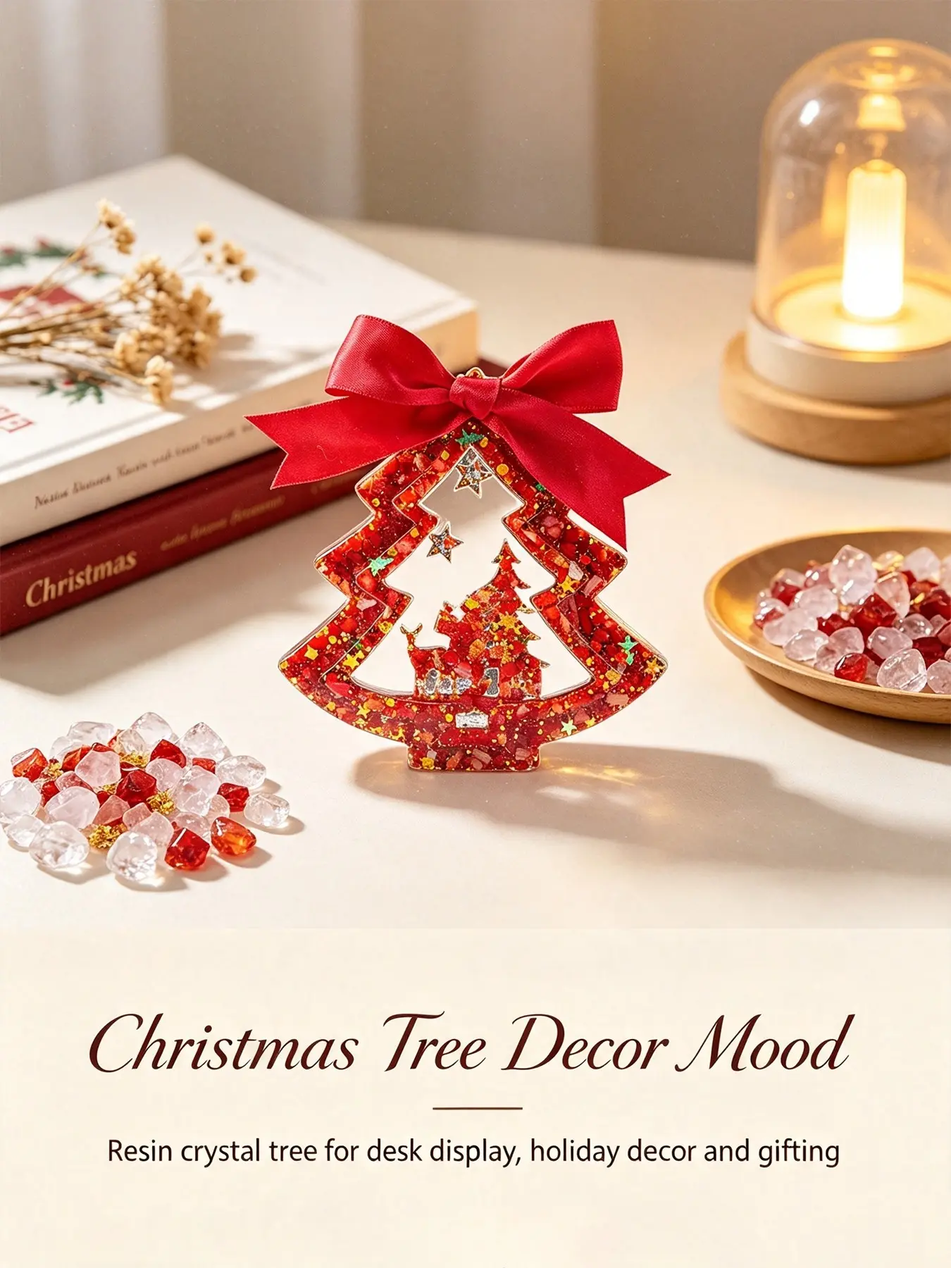 Natural Crystal Resin Christmas Tree Decoration with Bow, Mini Desktop Holiday Display, Lightweight Festive Gift for Christmas Party