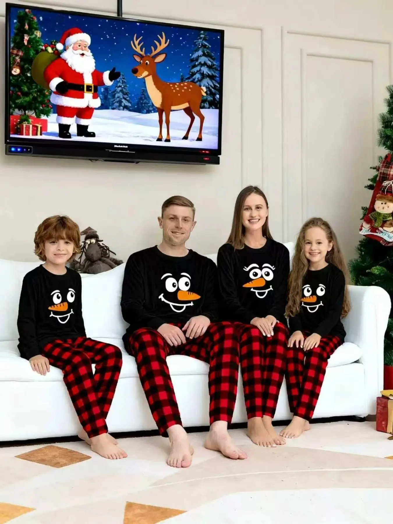 2-Piece Christmas Pajama Set, Plaid Print Couples Sleepwear, Men Women Kids Holiday, Casual Loose-Fit All Seasons