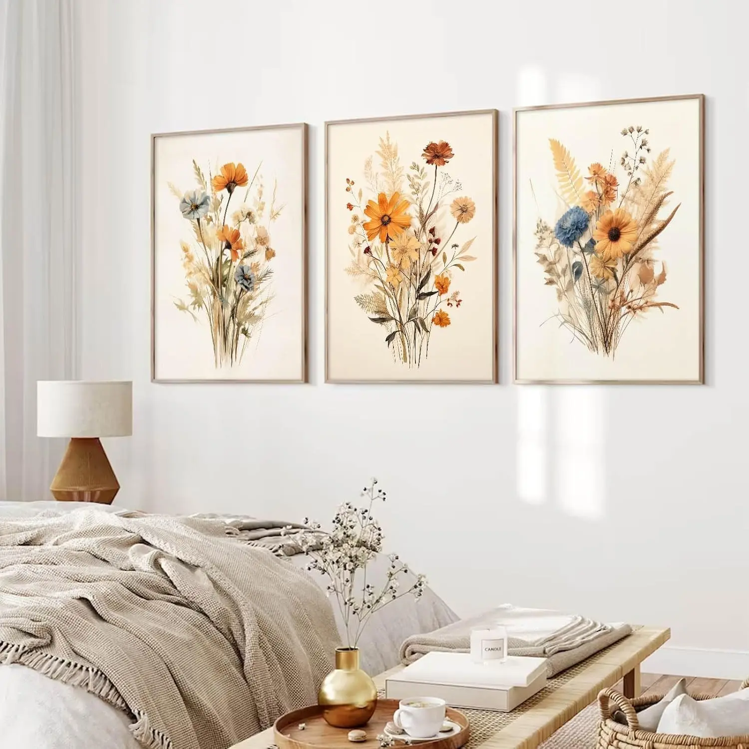 Boho Plant Floral Wall Art 3 Piece Set, Vintage Wildflower Canvas Decor, Watercolor Farmhouse Wall Art, Room Bedroom Aesthetic, Frameless