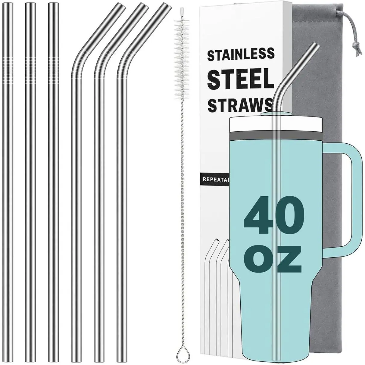 6 Pack Metal Straws for Stanley 40 oz Tumbler, Stainless Steel Reusable Replacement Straws with Cleaning Brush & Storage Bag Compatible for Stanley Quencher 40oz Cup (3x Straight & 3x Bent)