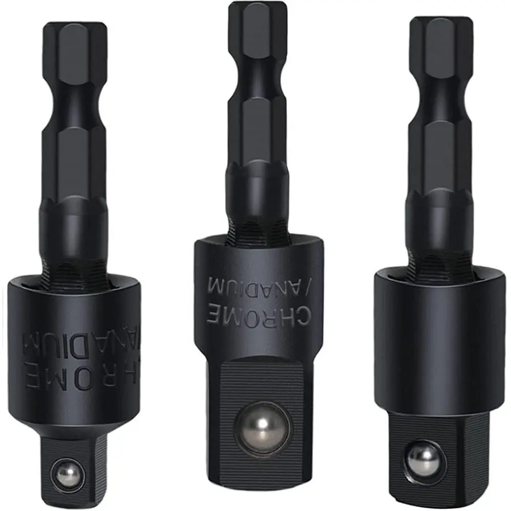 3 count Wobble Socket Adapters, 1/4" Hex Shank to 1/4" 3/8" 1/2" Square Socket Drives, 360° Rotatable  Joint Swivel Socket Set for Cordless Drills Ratchet Extension