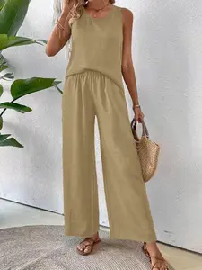Two French fashion basic plain color women's sleeveless vests, loose and slimming casual wide leg pants set suitable for summer, suitable for daily coffee shop check-in, beach vacation, city short distance travel, home leisure