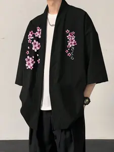 Japanese Cherry Blossom Print Open Front Cardigan, Lightweight Breathable Fabric, Easy Wear, Trendy with T-Shirts and Shorts
