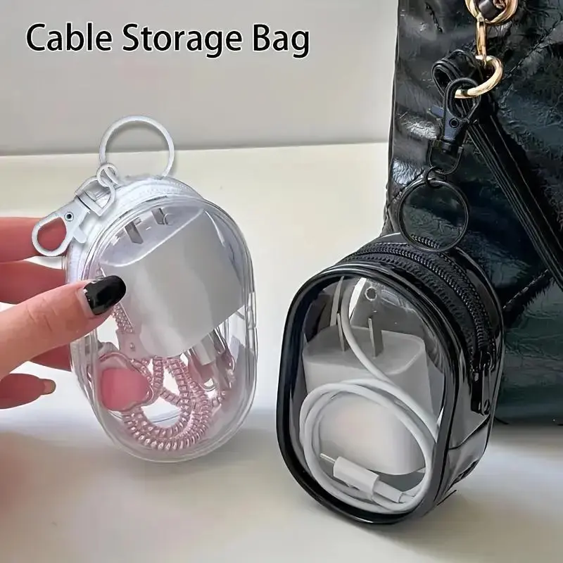Transparent Plastic Storage Bag, 2 Pack Portable Earbud and Cable Organizer, Durable Mini Electronic Earbud Travel Case with Keychain Accessory, Headphone Accessories, Earphone Storage Bag