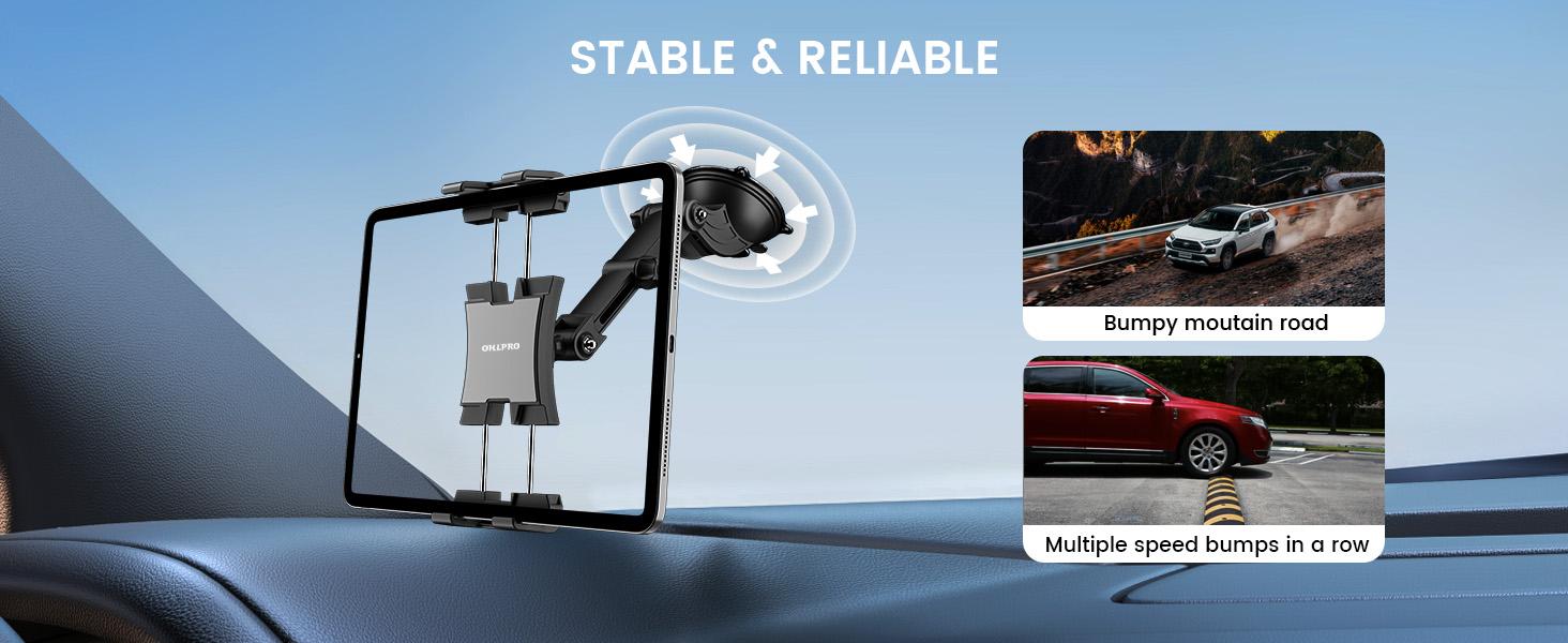 OHLPRO tablet stand is suitable for dashboards and windshields, the upgraded version features an adjustable clamp with a telescopic arm, compatible with 5- 13inch iPad Pro/Air/Mini, Galaxy Tab, Kindle Fire, Surface