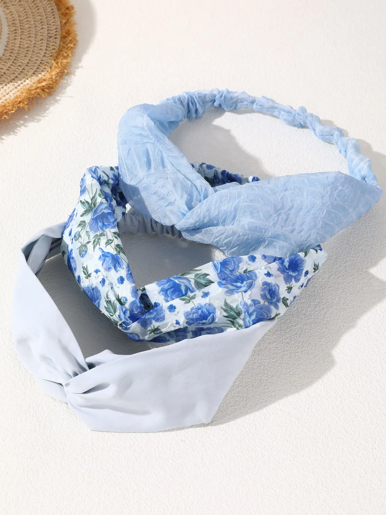 3-Piece Set Ruched Bubble Satin Blue Floral Headbands, Conceal Hairline Recession, Fix Bangs Awkwardness, Fake Natural Look Accessory