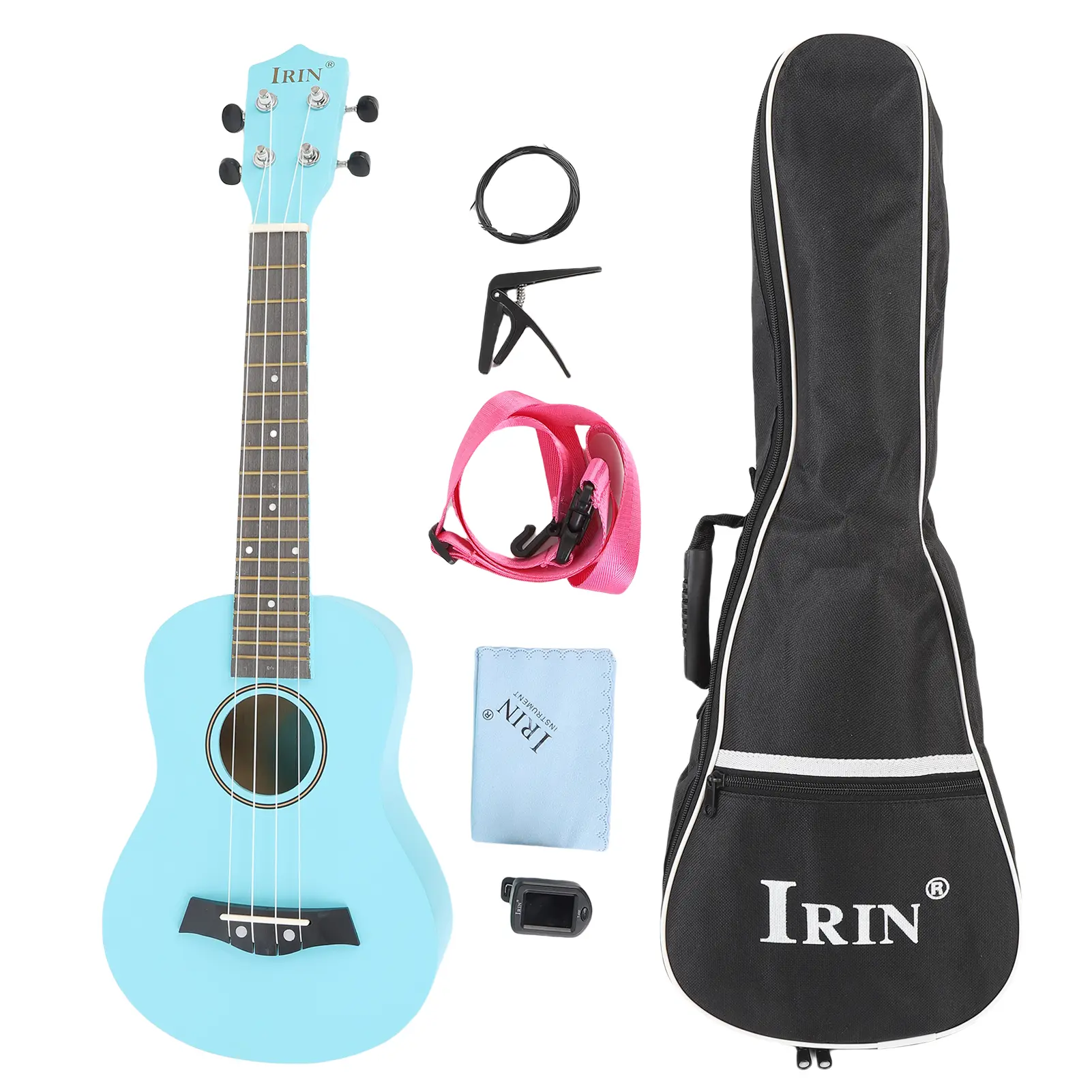 61cm Ukulele Starter Kit Basswood Ukulele for Beginner with Digital Tuner Tone Changing Clamp Strap Nylon String Picks