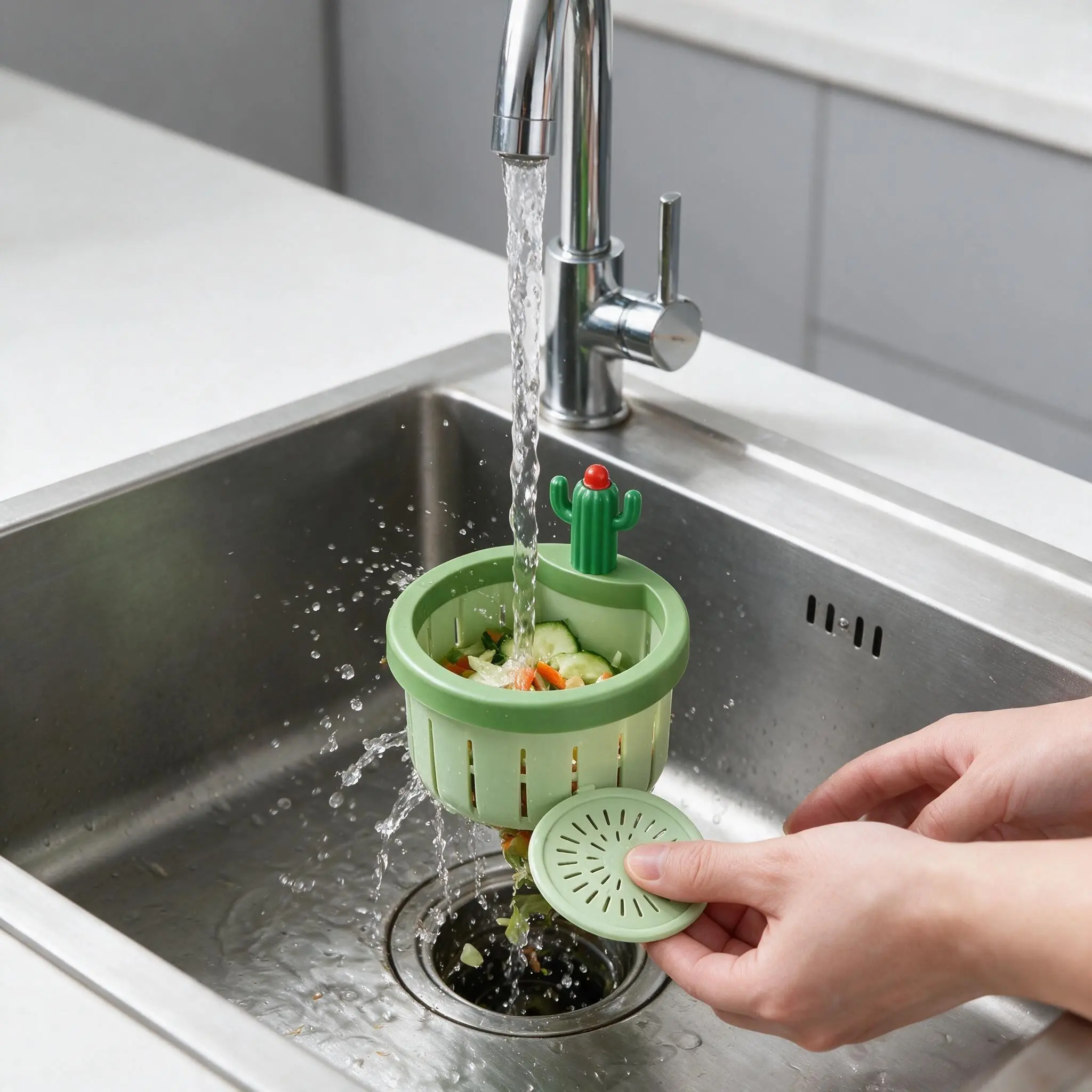 Cactus Press-to-Open Sink Filter Basket – Kitchen Strainer with One-Touch Lid, Keep Hands Clean, Cute Draining Tool for Home & Camping, Multi-Purpose Colander