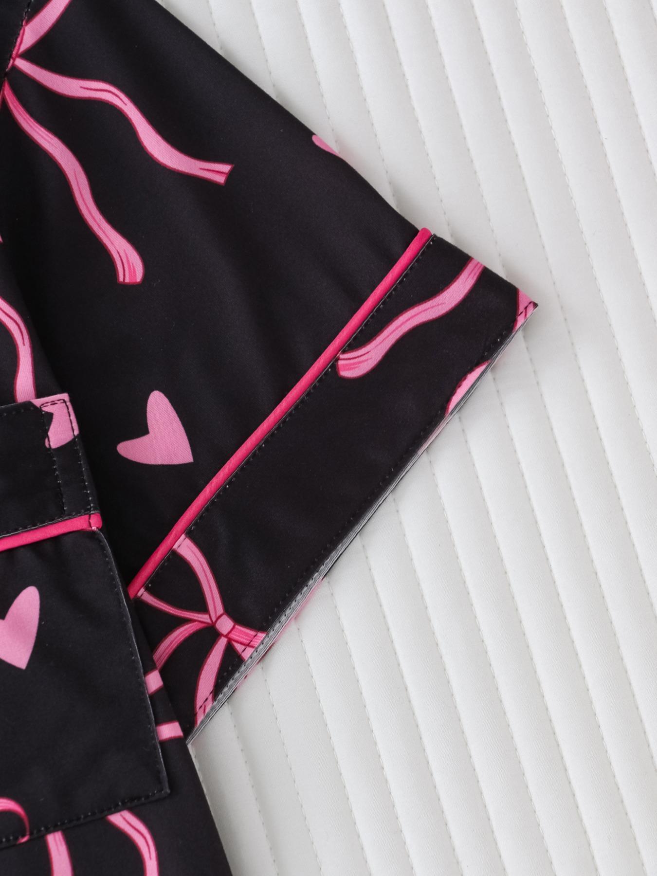Women's Bow Print Short Sleeve Tee & Shorts Pyjama Set, Comfy Button Up Top & Elastic Waist Shorts Set, Ladies Sleepwear for All Seasons, Lightweight Loungewear, Sleepwear Pajamas Set, Matching Pj Set, Summer Sleepwear