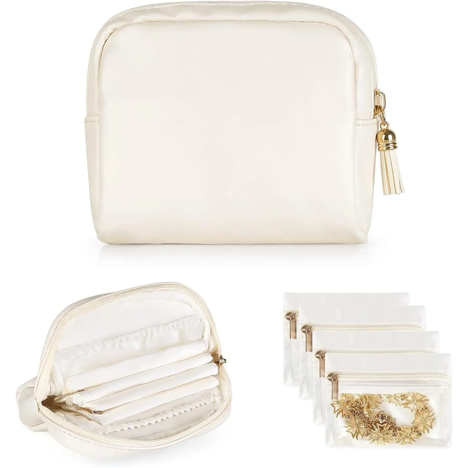 Travel Case, Small  Organizer Pouch with 4 Mini Bags | Water-Resistant PU Leather, Soft  Lining, Mini Storage Bracelets Earrings Necklaces Rings, Purses Luggage, Women Gifts
