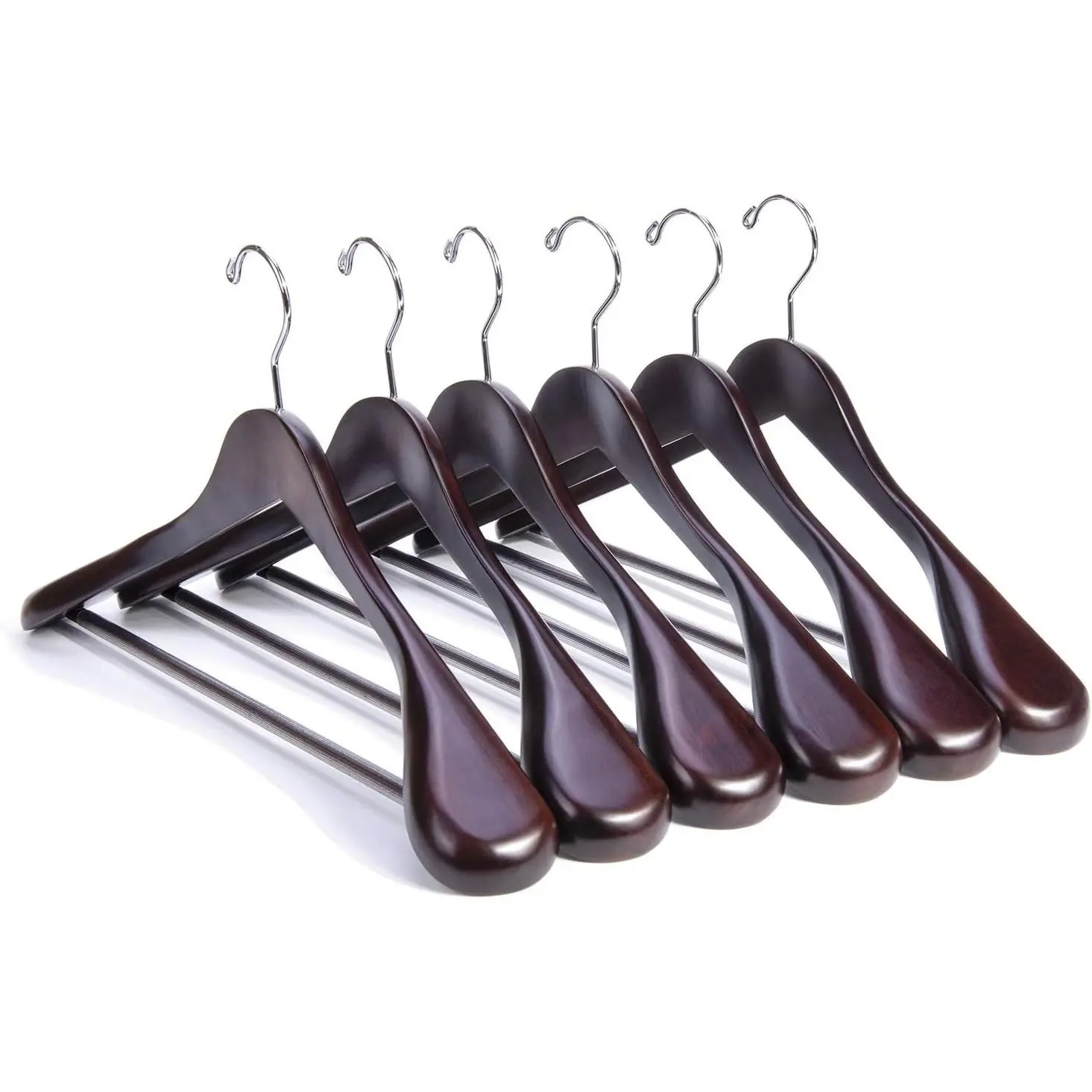 Luxury Mahogany Wooden Suit Hangers - 6 Pack - Wood Coat Hangers,Jacket Outerwear Shirt Hangers,Glossy Finish with Extra-Wide Shoulder, 360 Degree Swivel Hooks & Anti-Slip Bar with Screw