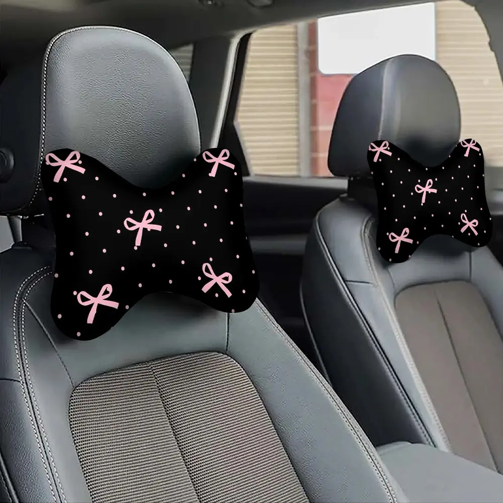 A Pink Bow Print Car Headrest, Neck Pillow, And Lumbar Support All in One, Soft And Fluffy for Year-Round Use, Suitable for Long Drives, Short Naps, And Various Other Scenarios. A Perfect Automotive Car Accessory Seat Cover Headrest