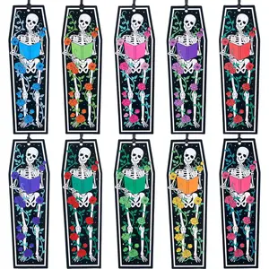 100 count Gothic Skeleton Coffin Bookmarks Spooky Skull Book Marker Bulk Double Sided Halloween  Book  with Black Ribbon for Bookworm Reading Lovers Gifts Goodie Bag Fillers