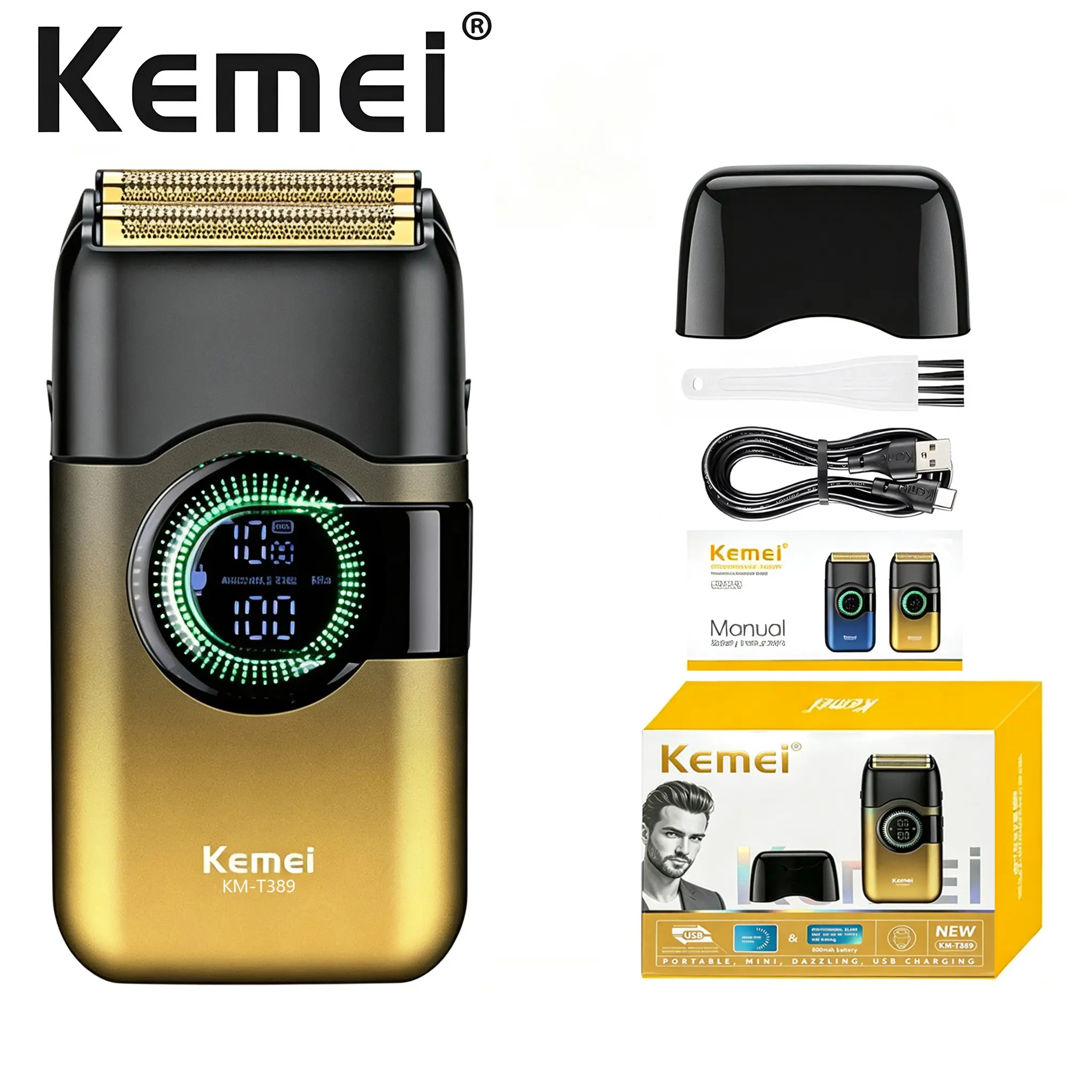 Essential Travel Shaver! Kemei Km-T389 Rechargeable Cordless Electric Razor, Men's Design, LED Time Display, Detachable Blade Head