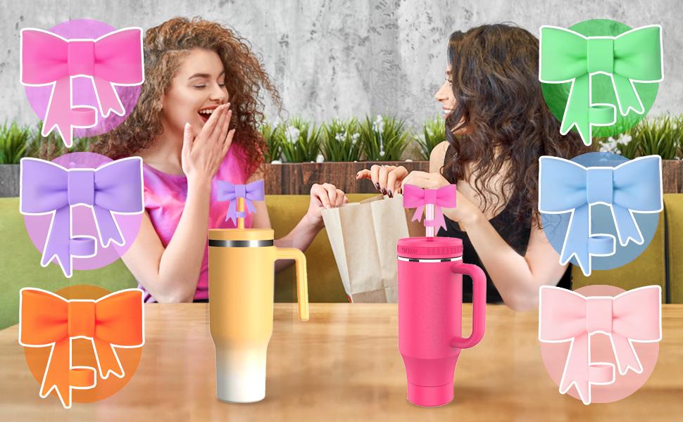 3 Pcs Bow Straw Covers Cap Toppers Compatible for 40 oz Stanley Tumbler Cups,Reusable Cute Silicone Straw Lids Tips Protectors(Multi-color A)