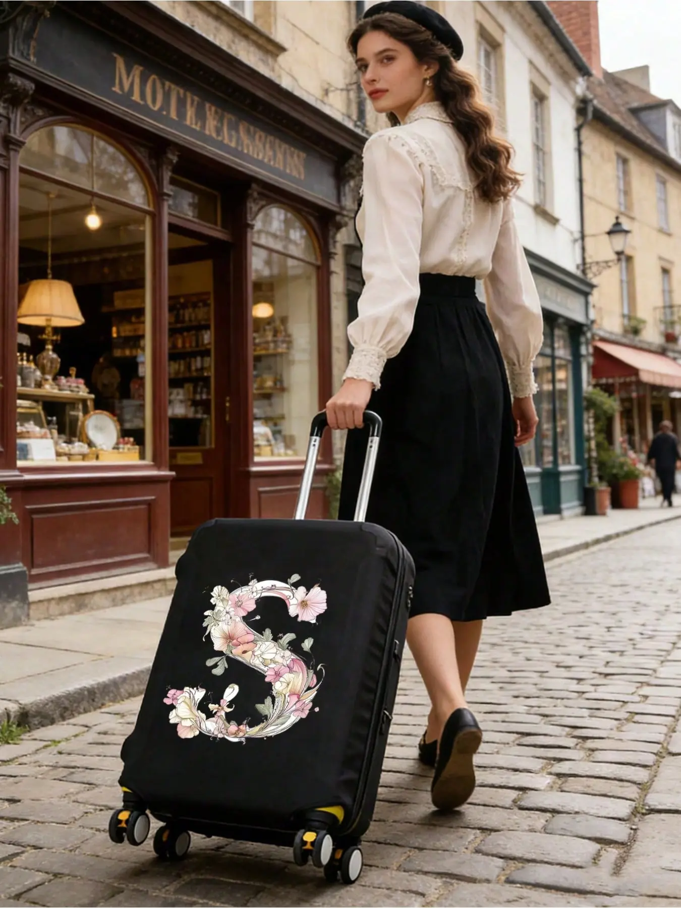 Pink & white dried flower & A-Z letter luggage cover protector. Durable universal fit for 18-32 inch suitcases. Dustproof, scratch-resistant with elastic edges. Ideal for travel essentials, business trips and various festivals, a great gift for all.
