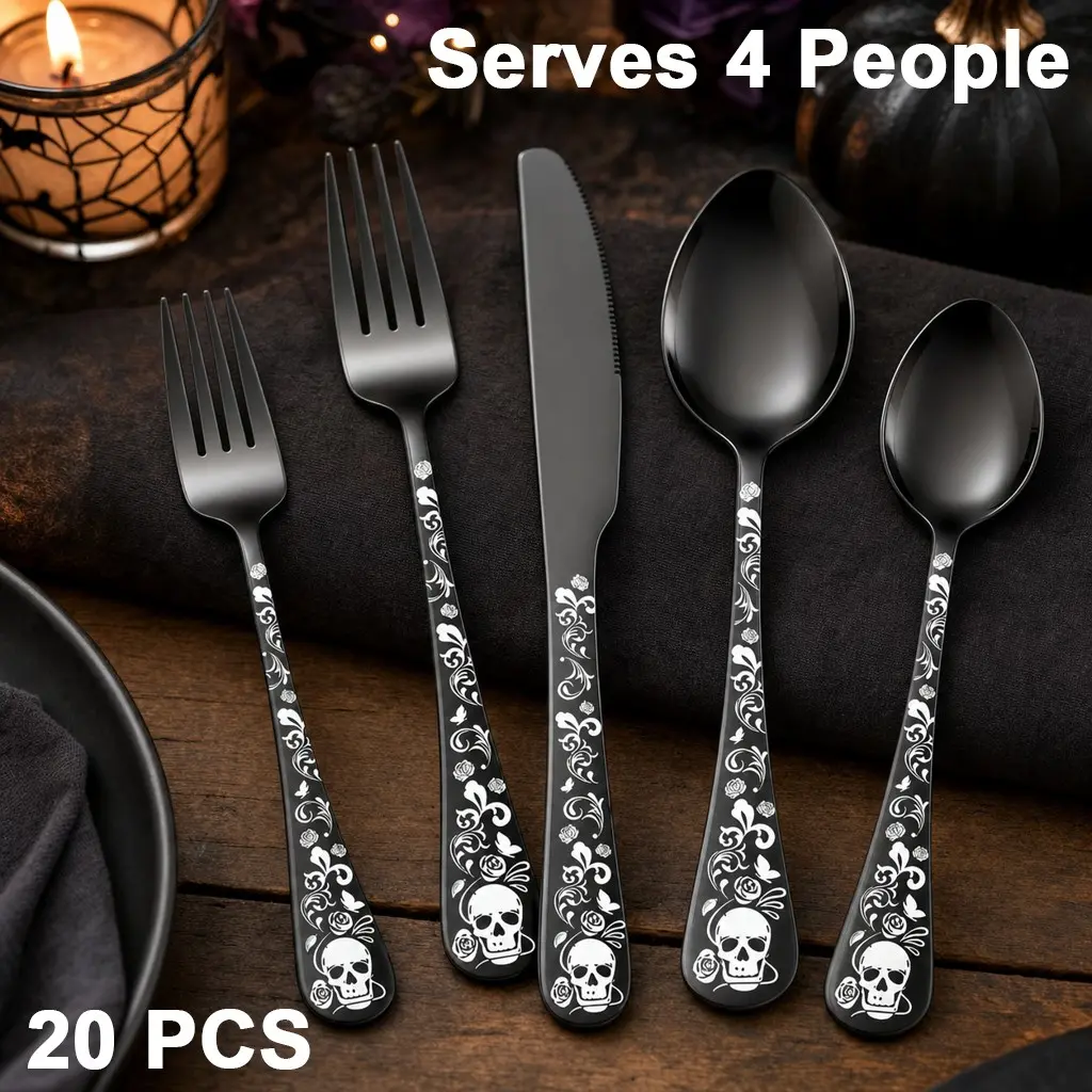 20 PCS Black Skull Flatware Set, Halloween Skull Flatware Set, Service for 4 Stainless Steel Gothic Silverware Set with Rose Skull Engraved Pattern, Halloween Themed Cutlery Dinnerware Set for Home Kitchen Party, Unique Tableware Gift