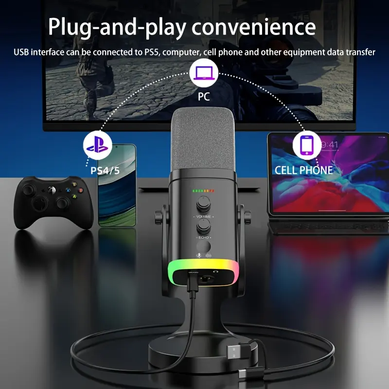 XLR/USB Gaming Microphone for Live Streamers, Dynamic Studio Quality Sound, RGB Desktop Mic with Mute Button, Gain Control, Headphone Jack, Podcasting Microphone, Voice Over Mic, Stylish Audio Gear, Sleek Design, Durable Build, Highquality Mic, USB Microp