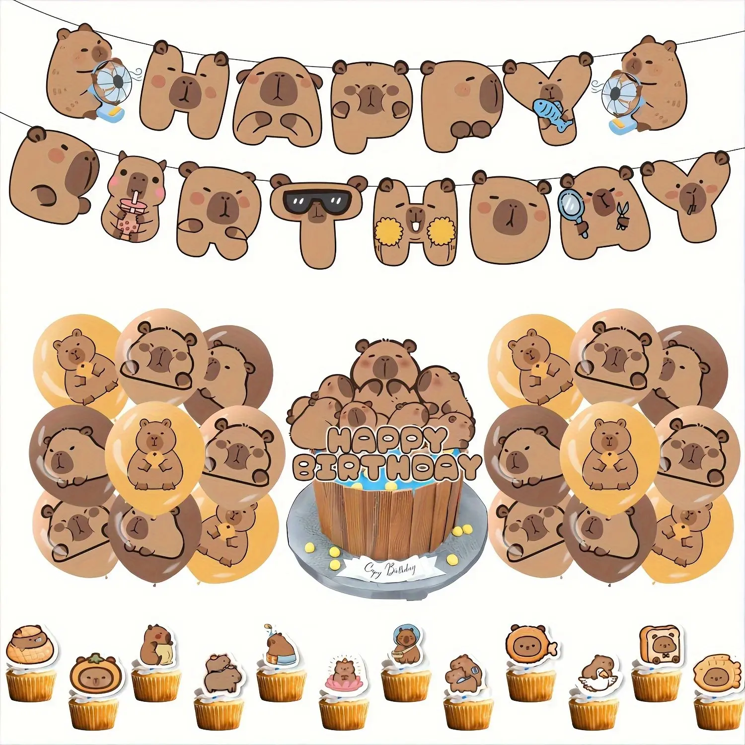 Cute Capybara Birthday Party Decor Set, 15Pcs Happy Birthday Pull Flag, 18 Pcs Capybara Balloons, 12 Cupcake Toppers & 1 Large Cake Flag, Cute Animal Theme Birthday Decorations for Party Desktop Backdrop