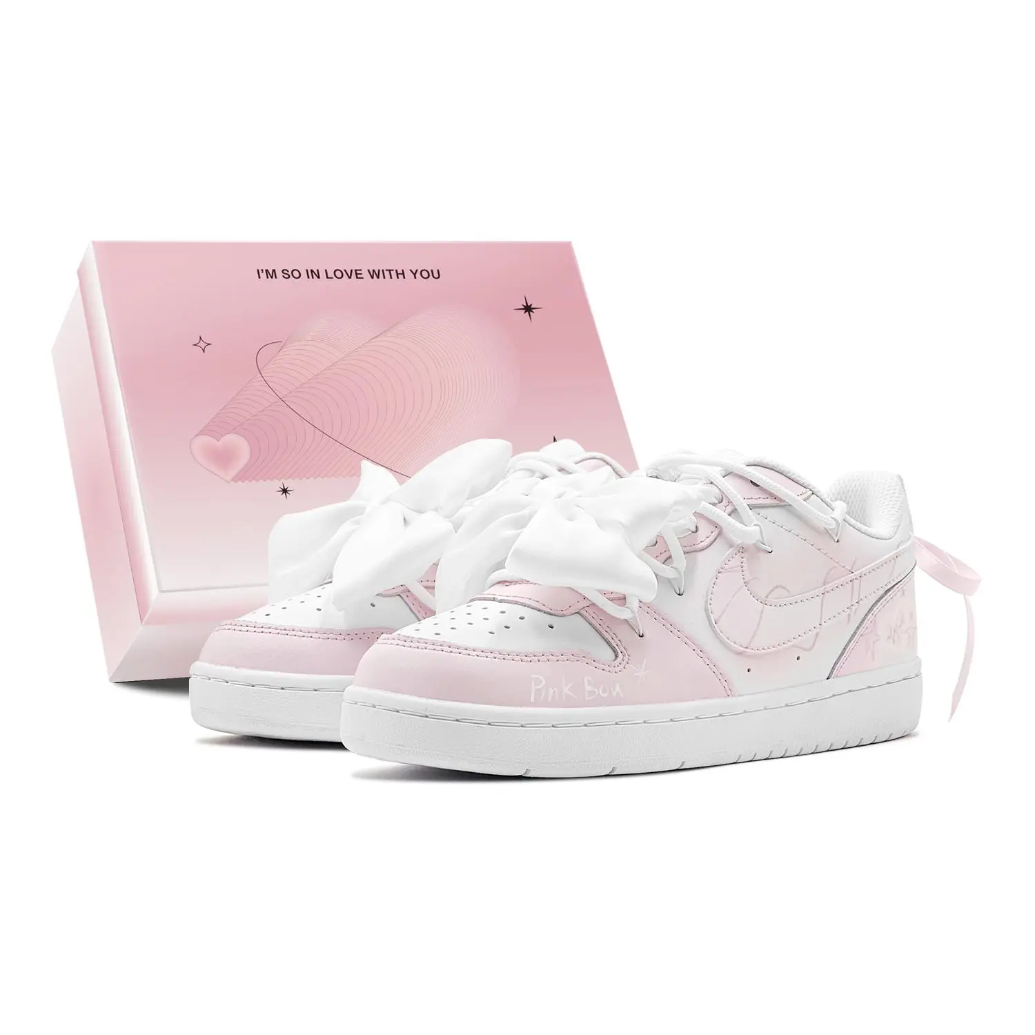 Nike Court Borough 2 Women’s Low-Top Casual Sneakers with Bow Detail, Pink Colorway, Special Gift Box Verifiable, with credentials and supporting global authentication