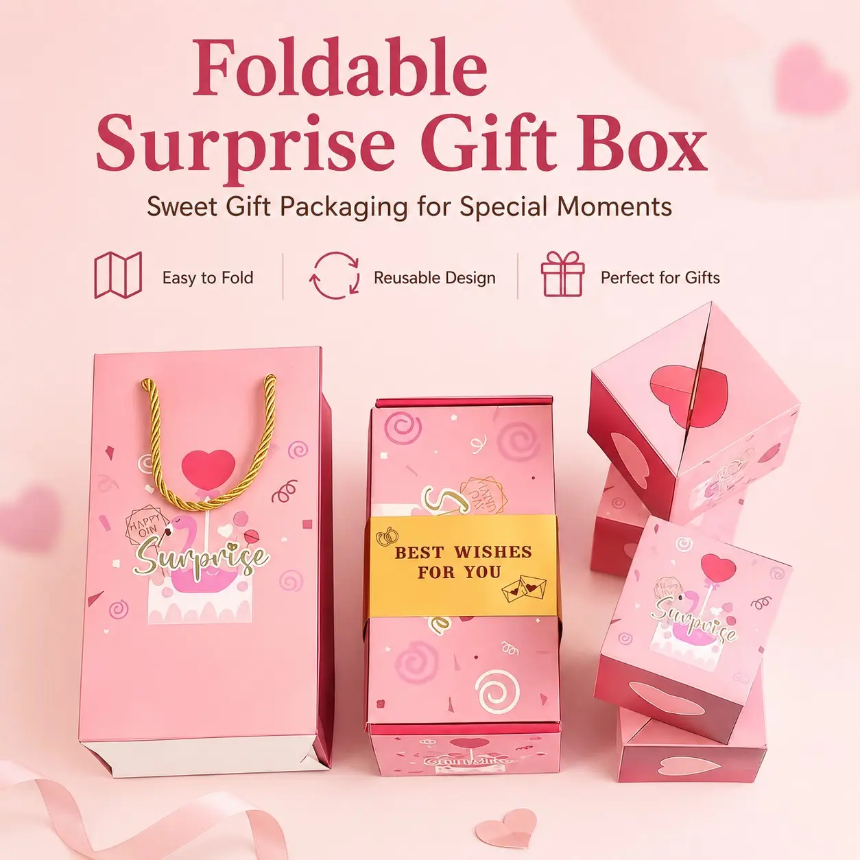 Surprise Gift Box Set, Cute Gift Packaging Box with Handle and Heart Design, Ideal for Women and Girls, Birthday, Anniversary, Valentine's Day