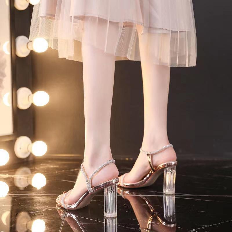 Crystal High Heeled Shoes for Women Popular Online Transparent French Style Strap Sandals Fairy Style Chunky Heels Summer