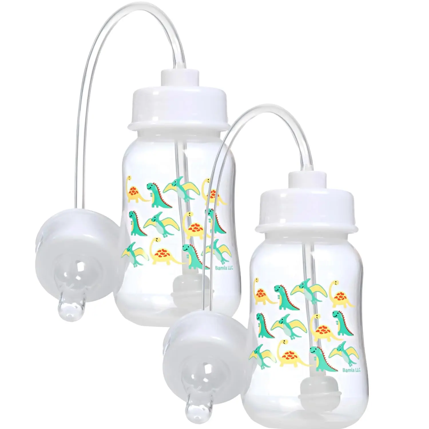 Hands-Free Baby Bottle - Anti-Colic Nursing System 4 oz Baby Bottle with Fast Flow Nipple/Teat 3m+ with Tube Straw Feeding System  Toddler (2 Pack - Dinosaur)