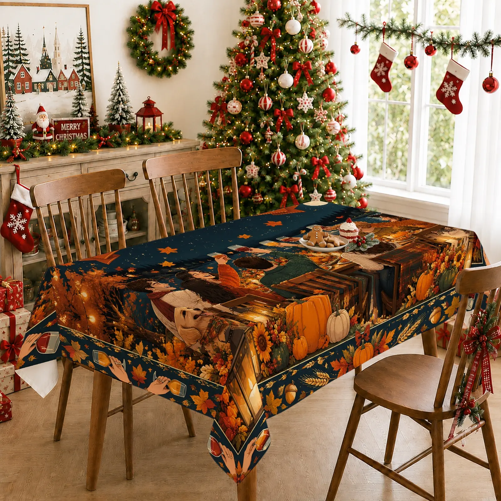 1pc Pumpkin Sunflower Maple Leaf & Wheat Tablecloth, Rustic Farmhouse Harvest Style, Festive, for Dining Table, Kitchen, Dining Room & Family Gathering, Harvest Table Decoration and Seasonal Home Decor