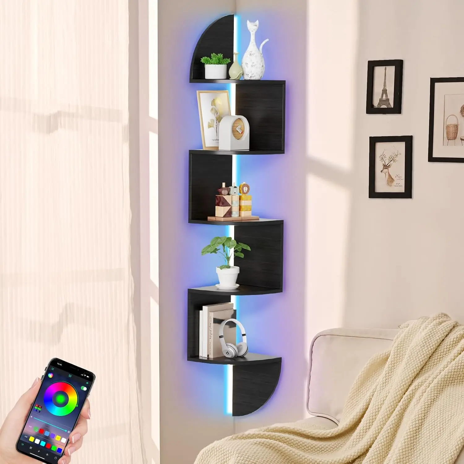 Corner Shelf, 5 Tier Bookshelf with LED Light, Corner Shelf Wall Mounted, Floating Shelves for Wall, Display Stand for Bedroom, Living Room, Bathroom, , Office, Black