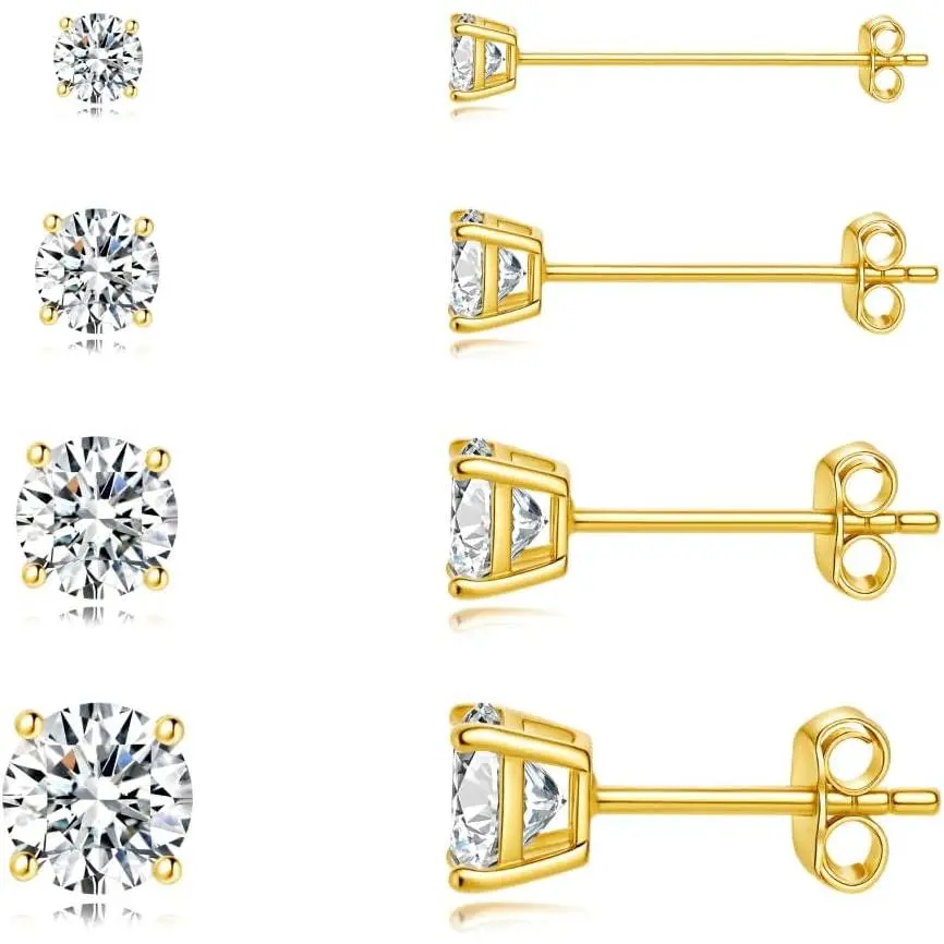 Stud Earring Set for Women Men, Round CZ Earrings  | 925   , 4 Holes Small Studs Earrings Multiple  Cartilage Tragus Trendy  Cute Earrings Stacks