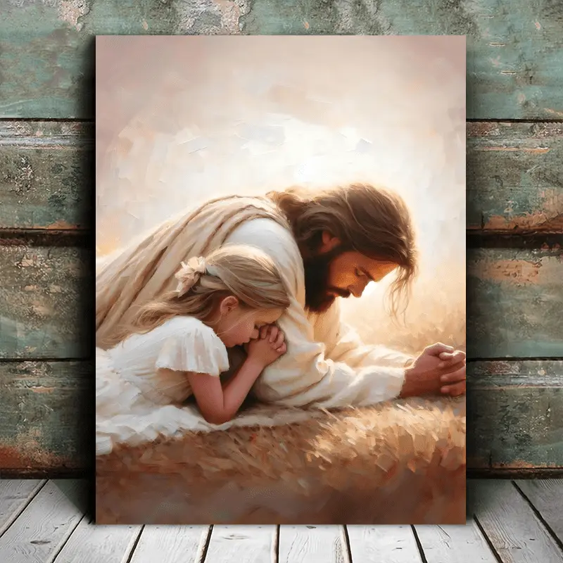 [2D Flat] 1pc, Christmas Decorations for Home, Christmas Canvas Wall Art, Vintage Christmas Canvas Print, Wooden Frame Canvas Painting, Her Prayers, Christian Art, Jesus Praying with Girl, Jesus Wall Art,  Art, Bible Art, Nursery Children Art