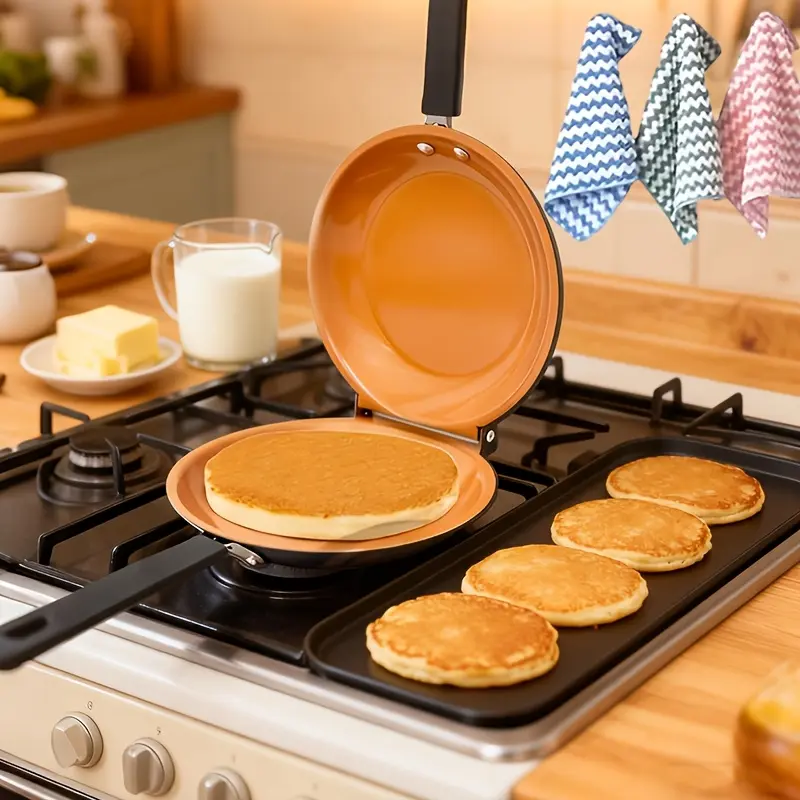Reversible Non-Stick Skillet Frying Pan - Easy Flip Design, Dishwasher Safe, Includes Random Color Dish Towels, Ideal for Fluffy Pancakes, Omelettes