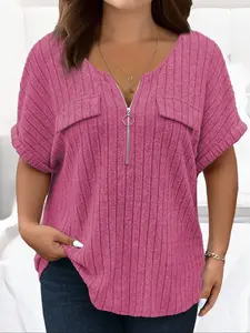 [Plus Size] Solid Half Zipper Pocket Ribbed Fitted Basic Tee, Casual Trendy Shirt, Casual Half Sleeve T-shirt for Spring, Women's Clothing for Daily Wear, Top