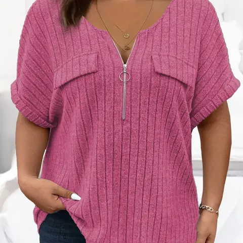 [Plus Size] Solid Half Zipper Pocket Ribbed Fitted Basic Tee, Casual Trendy Shirt, Casual Half Sleeve T-shirt for Spring, Women's Clothing for Daily Wear, Casual Everyday Tops