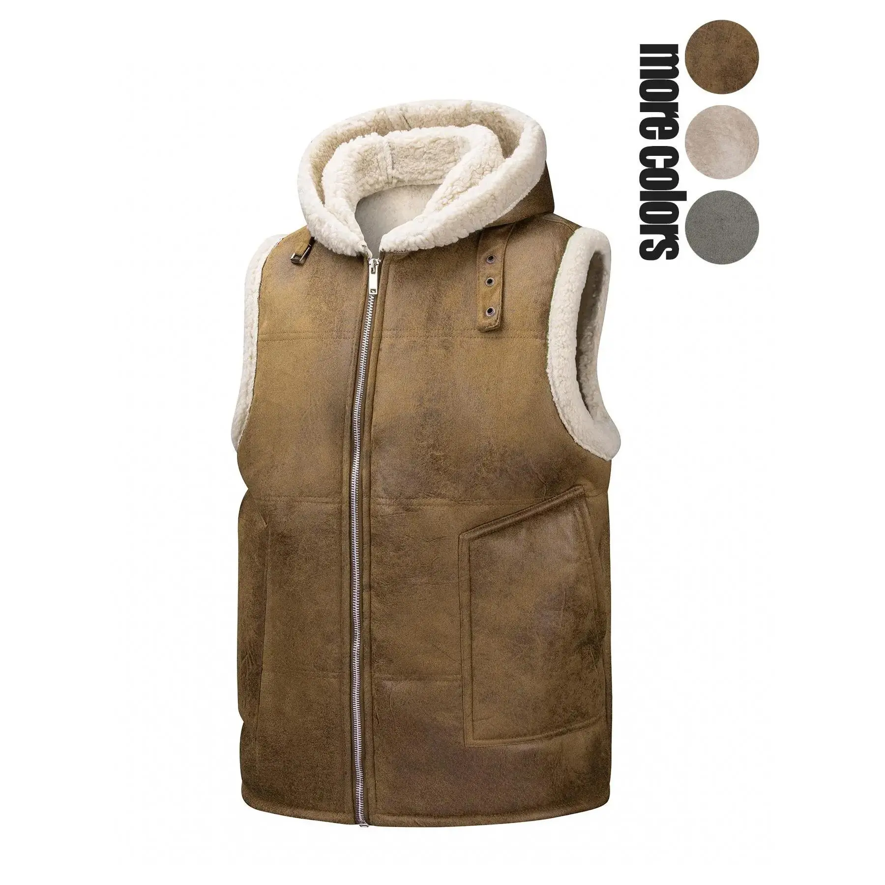 Men's Solid Zip Up Fuzzy Trim Vest Jacket, Loose Casual Pocket Design Sleeveless Outerwear for Fall & Winter, Fleece Lined Waistcoat, Sleeveless Gilet, Men's Clothes for Daily Wear