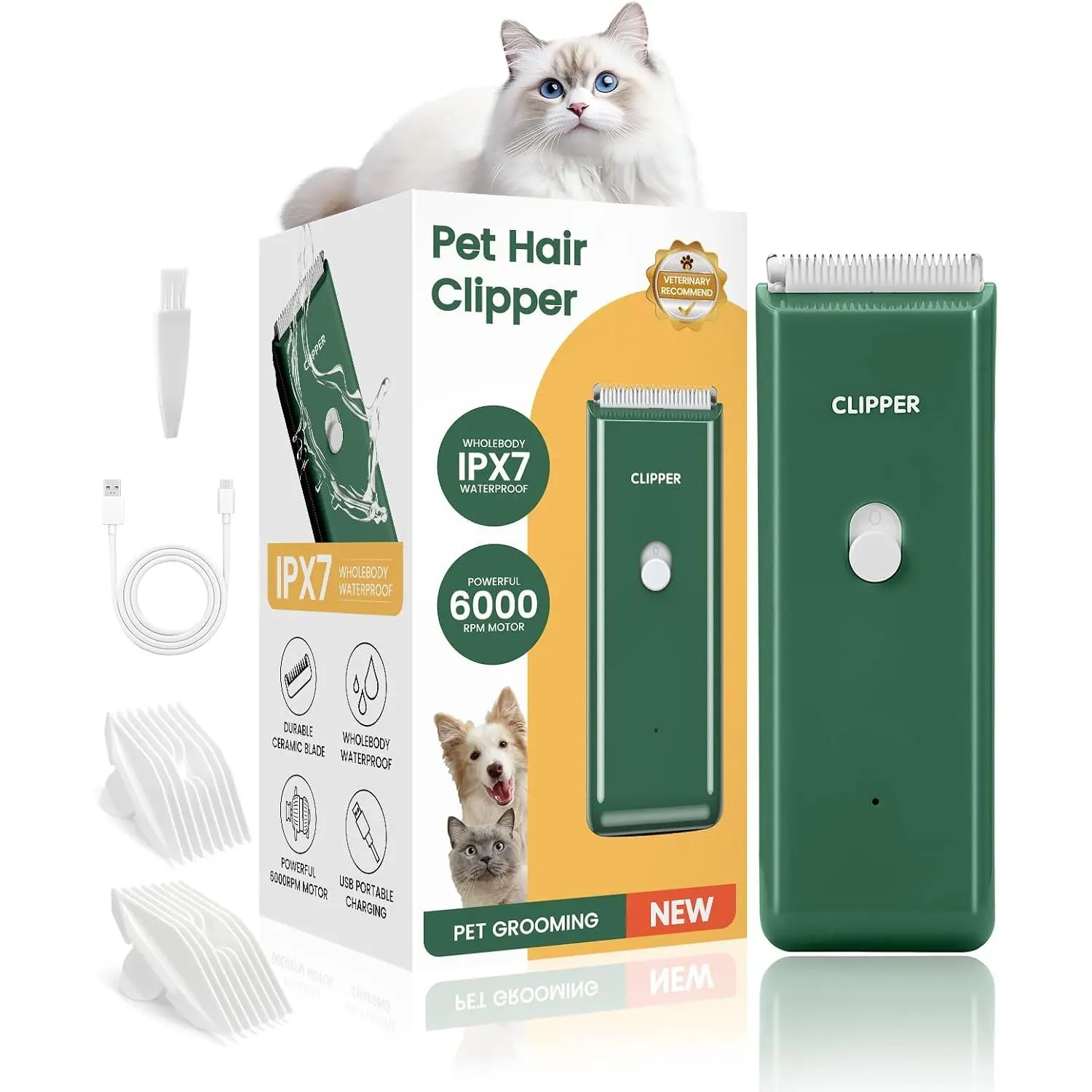 Upgrade  Professional   Kit Clipper for Matted&Long Hair, Cordless   Low Noise USB Rechargeable for Cats, Small&Medium Dogs, Handy   Trimmer, Green