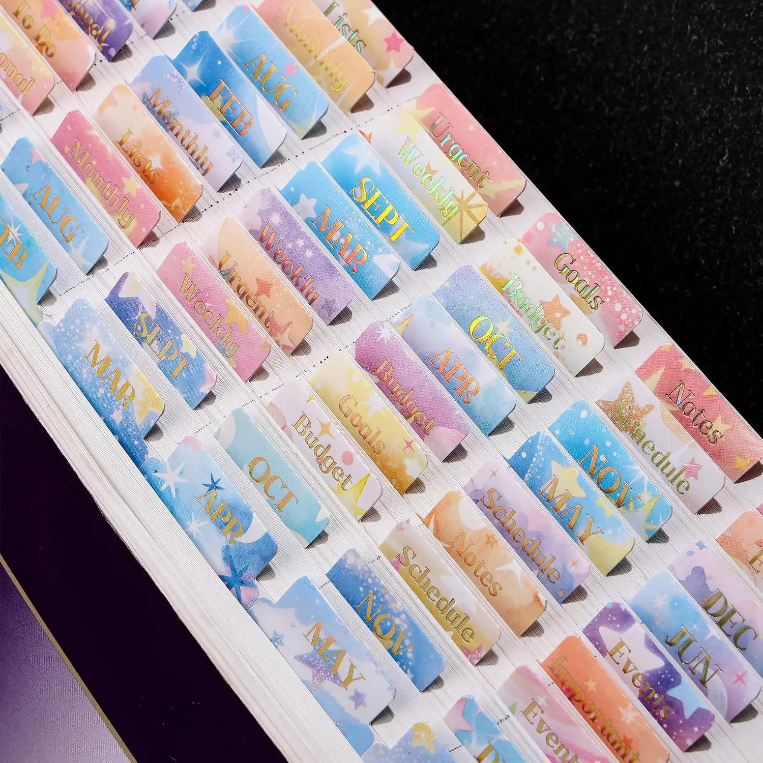 Laminated Foil Lettering Planner Tabs - 216 Stickers Kit (24 Month, 144 Subject, 48 Blank) with Alignment Ruler, Monthly Labels for Planners, Folders, Pages (Moon & Star Design), Moon & Star Kit