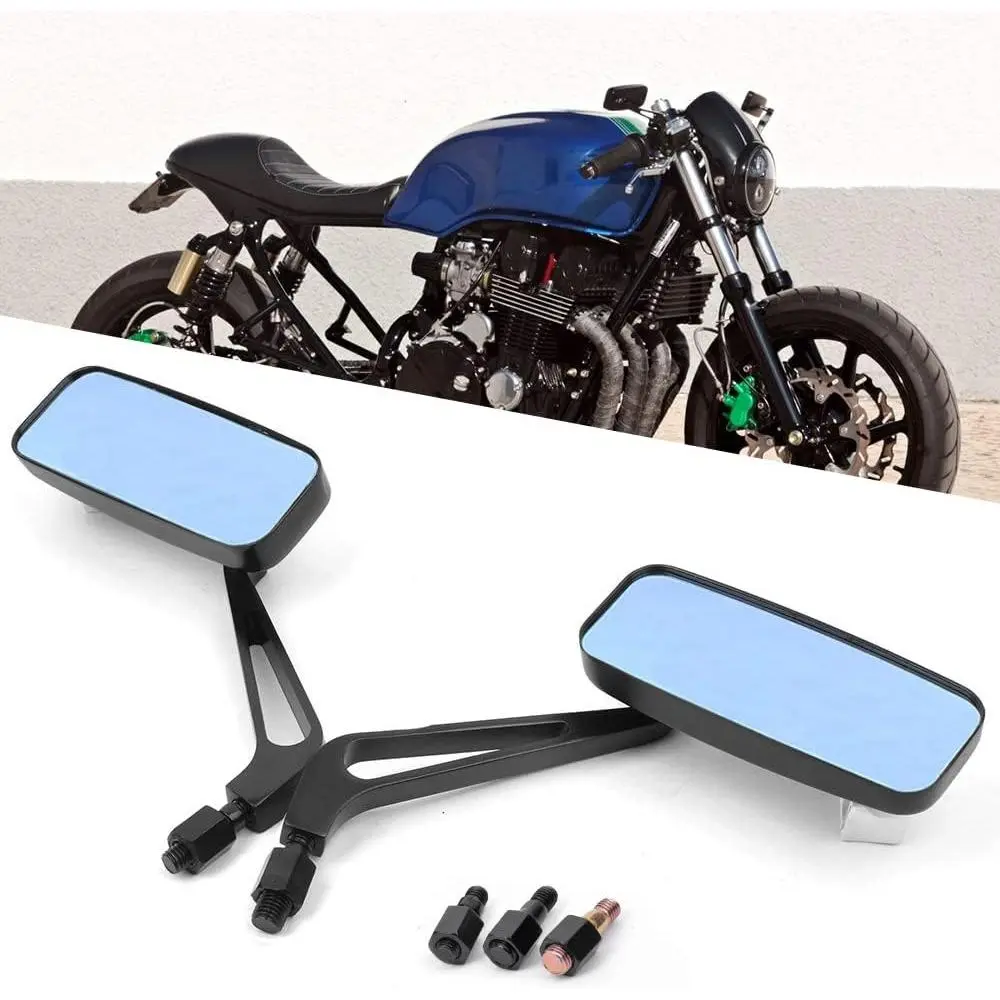 Black Rectangle Motorcycle Rearview Mirrors Pair Set - Universal Aluminum CNC with M8/M10 Bolts, Wide Vision, Compatible with Multiple Bikes Including Honda, Yamaha, Suzuki Models (Ruckus, Grom, Shadow, Vstar650, Valkyrie, Magna, Goldwing)